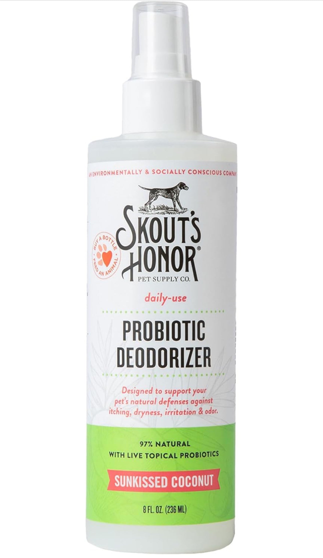 Skout's Honor Pet Deodorizer Spray- Hydrating Daily-Use with Avocado Oil & Omega-3s, Paraben & Sulfate-Free, 97% Natural, 8oz, Sunkissed Coconut