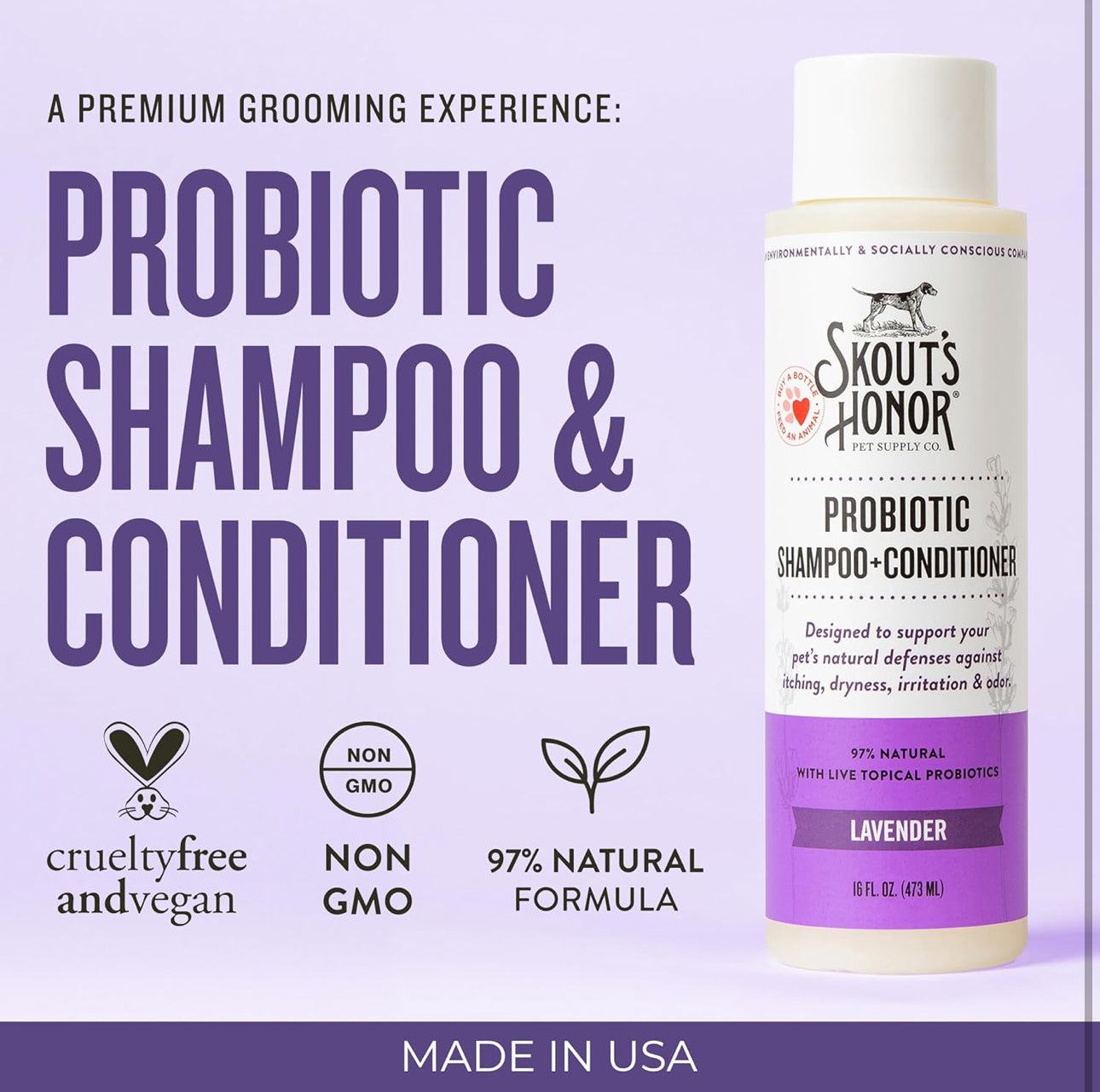 Skout's Honor Probiotic Pet Shampoo & Conditioner with Avocado Oil & Omega-3s, 97% Natural, Paraben & Sulfate-Free, Cruelty-Free, 16oz, Lavender