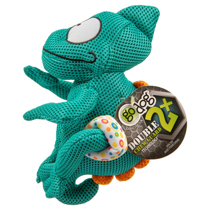 Double Chew Guard Mesh Amphibianz Chameleon Squeaky Dog Toy - Teal, Large | goDog