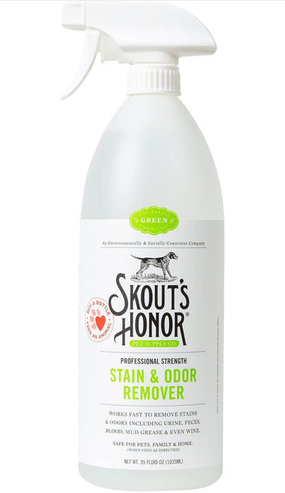 SKOUT'S HONOR Pet Stain and Odor Remover - Powerful Cleaner for Dog Urine, sweat, and other messes, Destroys and Removes Odor and Stain Molecules, Eco-Friendly Formula for Carpets and Home, 35oz
