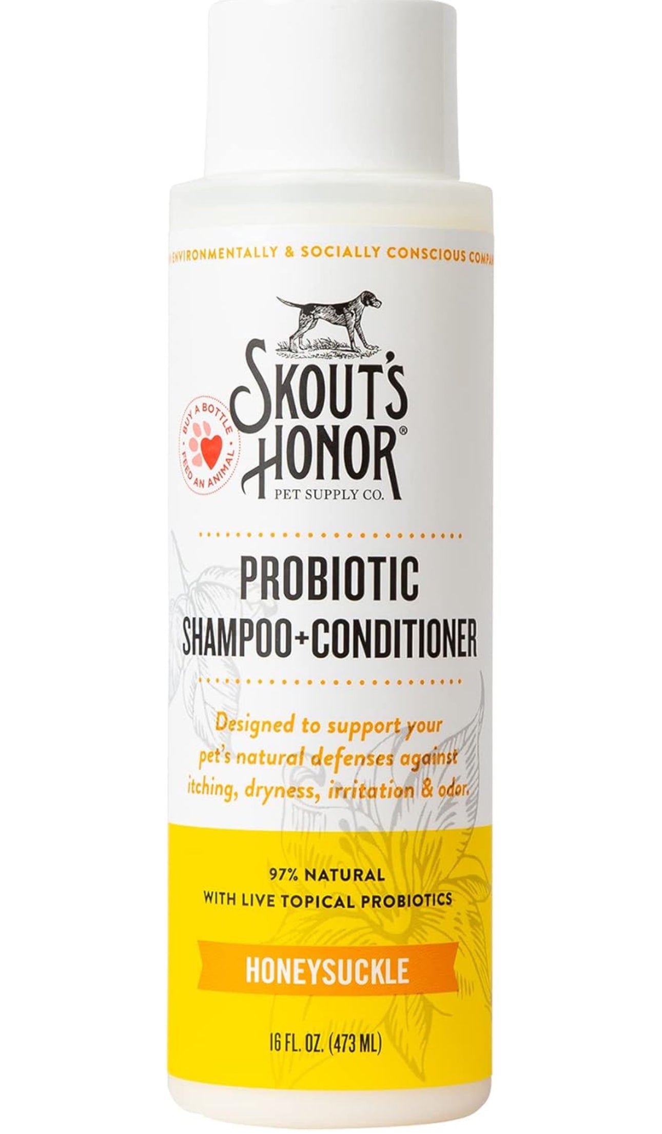 Skout's Honor Probiotic Pet Shampoo & Conditioner with Avocado Oil & Omega-3s, 97% Natural, Paraben & Sulfate-Free, Cruelty-Free, 16oz, Honeysuckle
