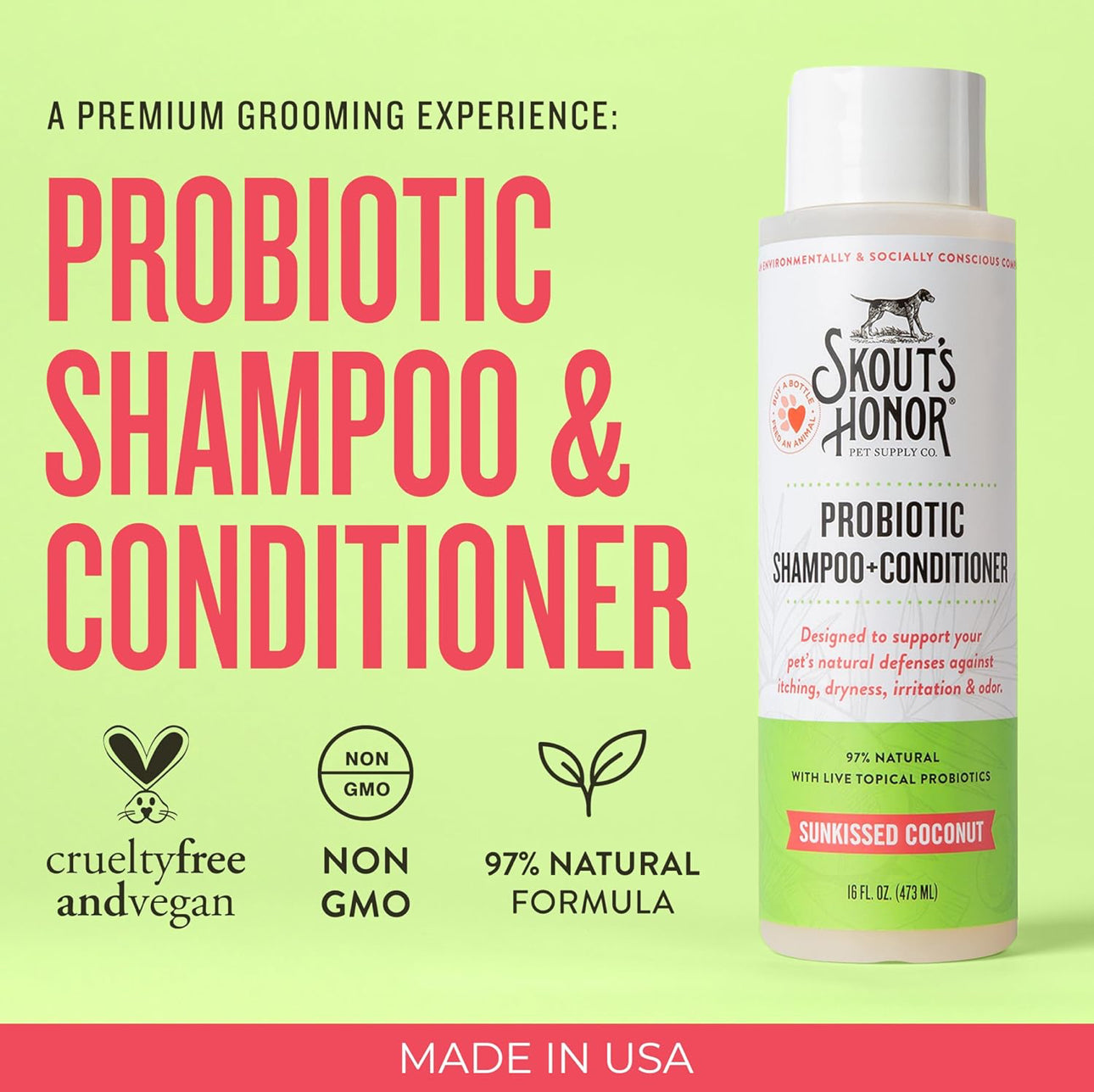 Skout's Honor Probiotic Pet Shampoo & Conditioner with Avocado Oil & Omega-3s, 97% Natural, Paraben & Sulfate-Free, Cruelty-Free, 16oz, Sunkissed Coconut