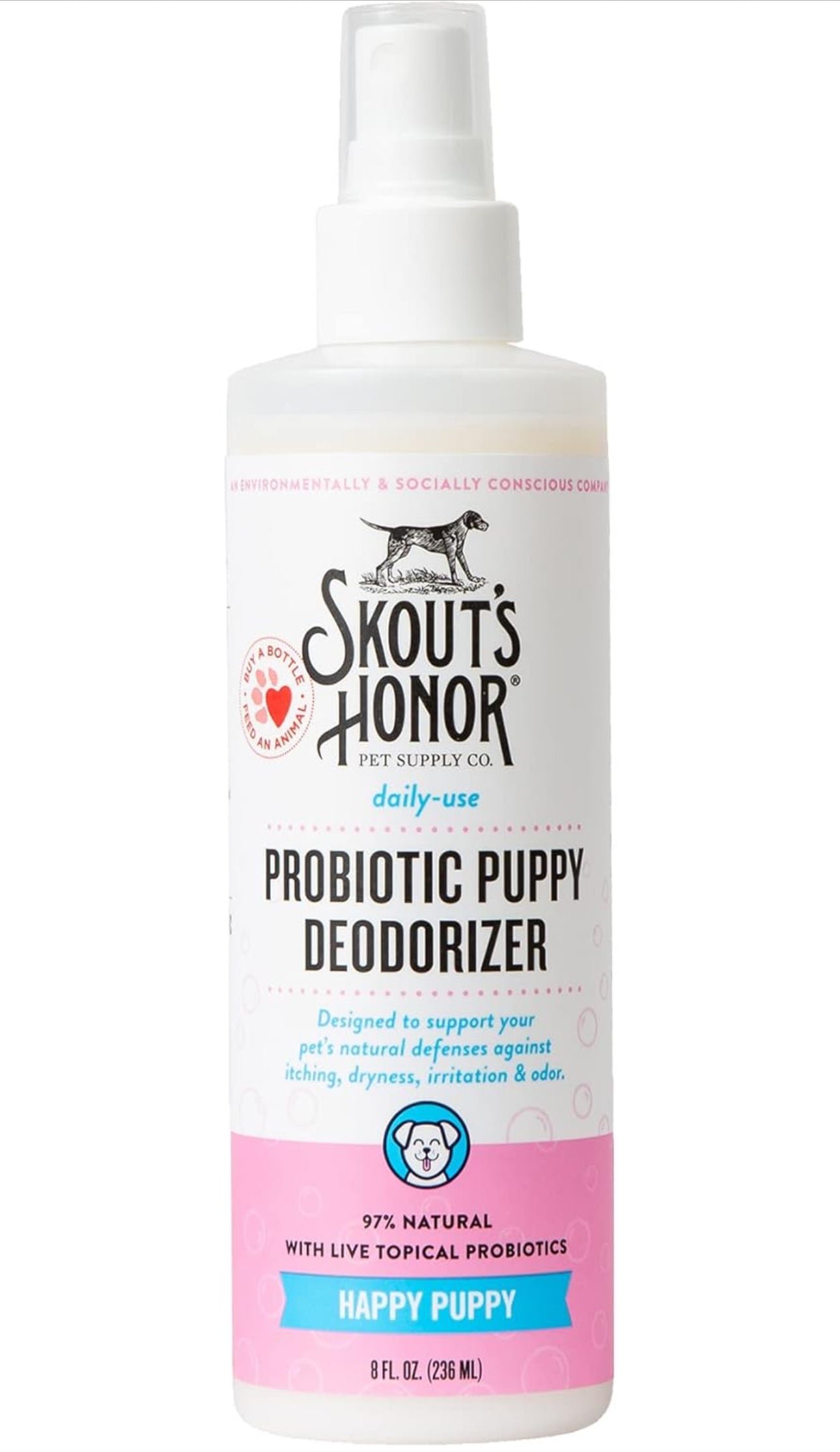 Skout's Honor Pet Deodorizer Spray- Hydrating Daily-Use with Avocado Oil & Omega-3s, Paraben & Sulfate-Free, 97% Natural, 8oz, Happy Puppy